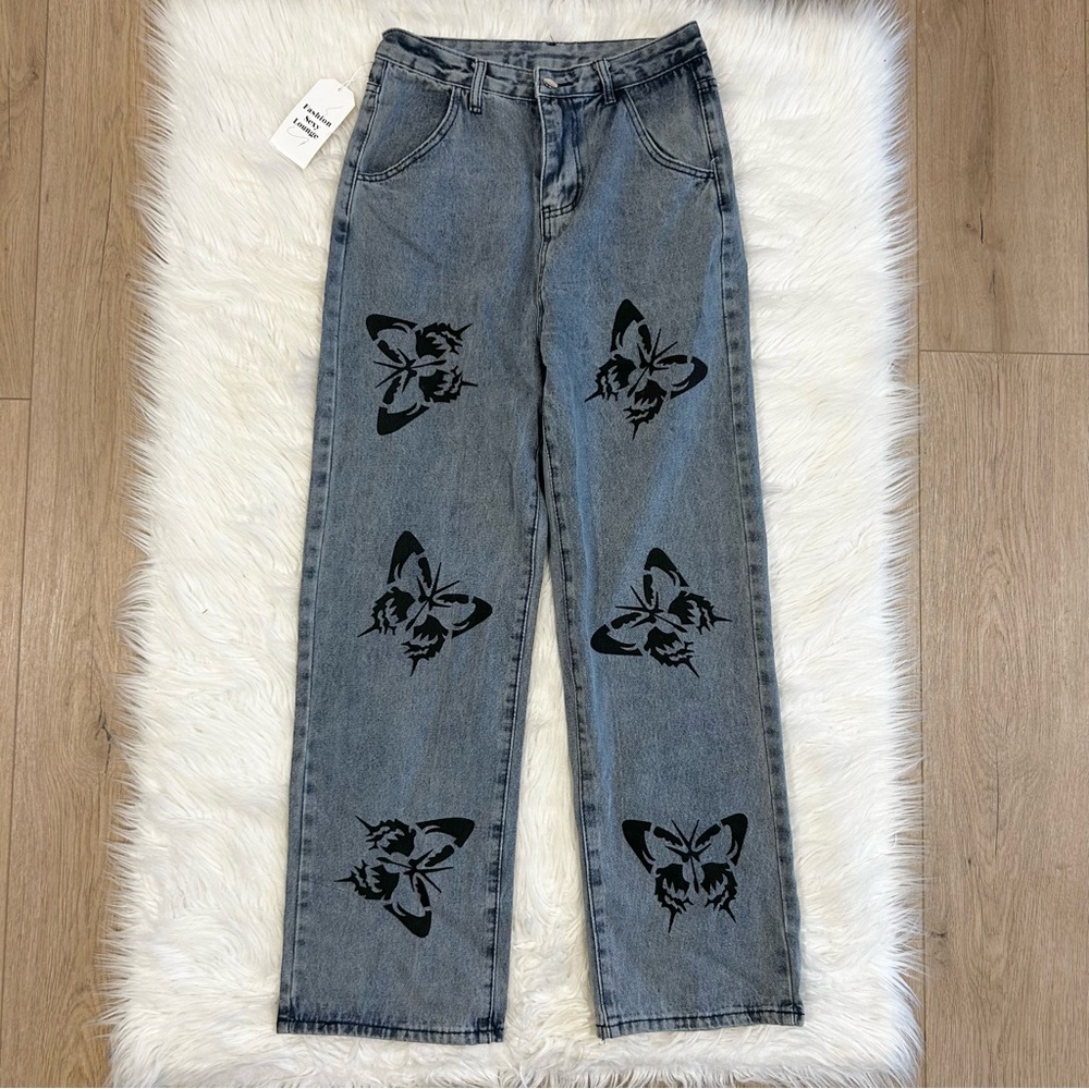 NEW Butterfly Print‎ High Rise Blue Gray Jeans Size Medium